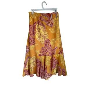 Y2K Orange Paisley Boho Midi Skirt Tiered Vintage Festival Size L